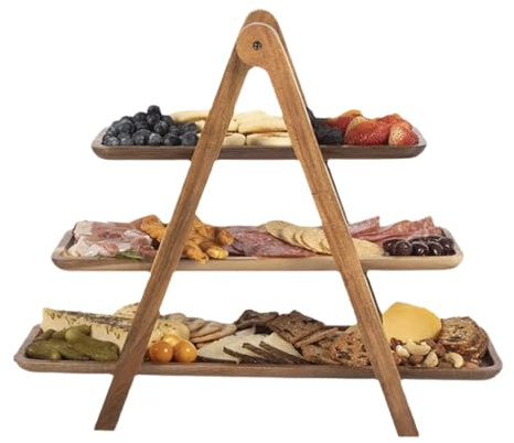 Qiaonan 3 Stöckige Servierplatte, Holz-Etagere Rechteckig, Abnehmbare & Klappbare, Cupcake Ständer, Käseplatte Gemüseregal Obstregal, Holzteller Etagenständer Für Cupcakes Kuchen Snacks Gebäck Partys