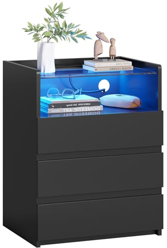 AOGLLATI Bedside Table with Charging Station,Bedside Cabinet with LED Lights |Visible Glass Top |3 Drawers and 1 Compartment |2 AC and 2 USB Ports Side Table for Living Room and Bedroom (1, Black)