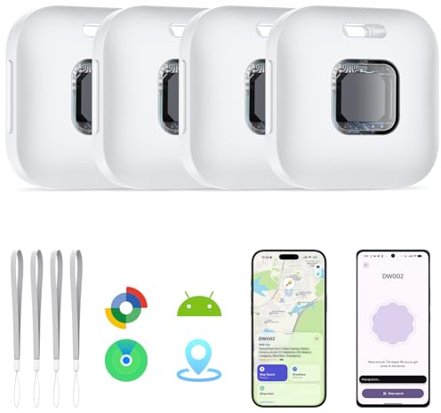 Hoxe Smart Tag (4 Piezas), Soporte iOS Find My o Google Android Find Hub | Localizador Bluetooth SmartTag Tracker, Buscador de Objetos Rastreador para Llaves Equipaje Cartera Bicicleta Mochila Bolso