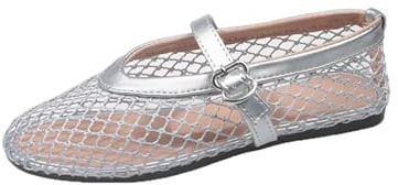 Dam rutnät ballerinor, snygga genombrutna spetsar, sandaler sommar för, andningsbart nät, Silver, Size41