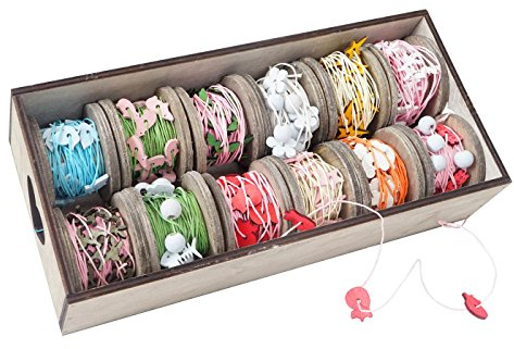 Mendler Deko-Box Schnur, 12 Rollen je 7,5m | Geschenkband, Deko-Band, Bänderbox, Holzmotiv