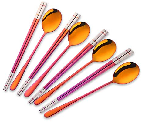 Buyer Star 4 ensembles Acier Inoxydable Baguettes et Cuillère Rouge Magique Couverts 8 pièces Coréen Baguettes Cuillères Service pour 4