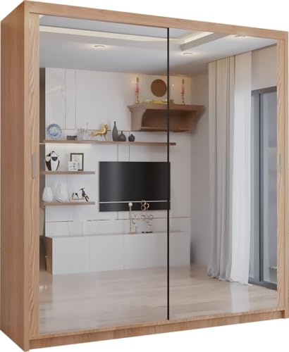 SLIDING WARDROBE 4U Double Mirror Sliding Door Wardrobe with LED LIGHT 90/120/150/180/203 (Oak, 150cm)