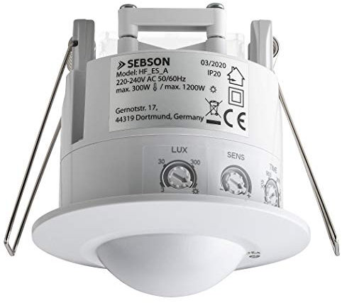 SEBSON 2X Détecteur de Mouvement Intérieur, Montage Encastré au Plafond, HF Capteur, LED Compatible, Programmable, Portée 2-16m/ 360°, Max. 1200W/ 300W