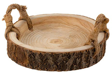 Dekoratives Tablett Exklusives Serviertablett Braun aus Holz mit Rinde und Griff Durchmesser 30cm Höhe 5cm