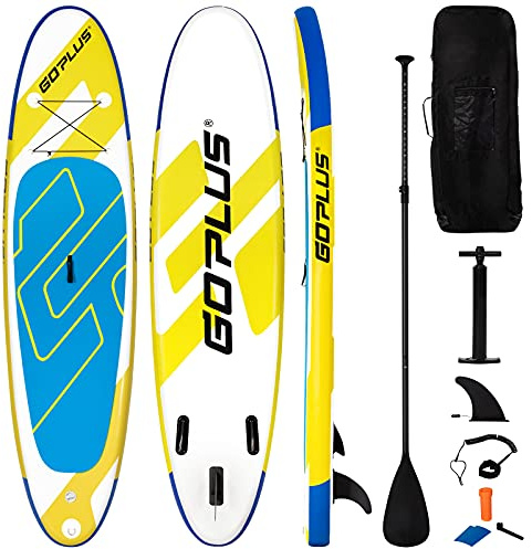 COSTWAY Stand Up Paddling Board, SUP Board aufblasbar, Paddelboard mit Sicherheitsleine, Paddel, Pumpe, Center Finne, Rucksack und Reparaturset (Blau + Gelb, 335 x 76 x 15cm)