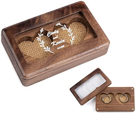 Lovejewellery Holz Ehering Box Personalisierte Ringkissen mit Namen & Datum Graviert Ringbox zur Hochzeit Ringschatulle Ringetui für Vorschlag Verlobung Geburtstags Zeremonie (# 1), DE-AS106407