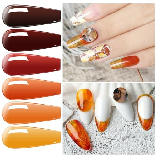 Vishine Amber Jelly Crystal Gel Nagellack Kollektion, durchscheinende Schildpatt Nägel rote Koralle, gebranntes Orange, Grau, Bernsteinbraun, 6 Farben UV LED NagelkunstKit 8 ml