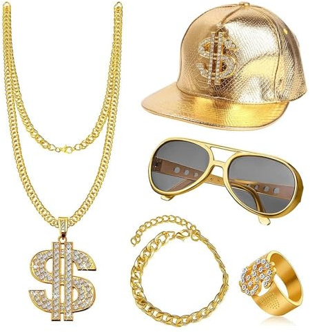 Hip Hop Kostüm Kit 5 Stück 80/90er Rapper Zubehör | Hip Hop Dollar Halskette Goldring Sonnenbrille Goldkette Baseball Cap für Fasching Karneval Mottoparty Zubehör