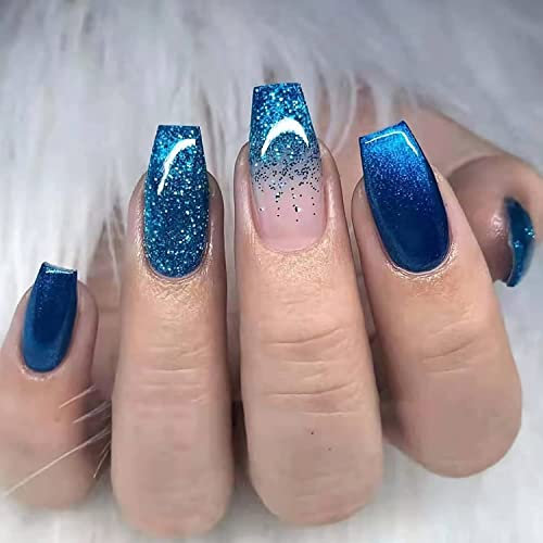 Luvadeyo 24 Pcs Medium Coffin Press on Nails, Blue Gradient Fake Nails, Glitter Artificial False Nails with Double Side Adhesive Tabs for Women & Girls