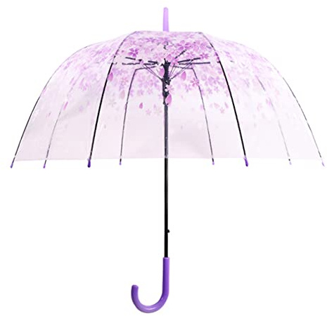 Cherry Blossoms Cute Transparent Bubble Umbrella - Clear Dome Semi-Automatic for Kids, Girls, Boys or Women - Romantic Windproof Wedding Decoration (Purple)