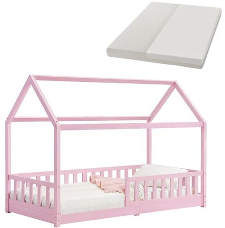 Juskys® Kinderbett Marli 90 x 200 cm mit Matratze, Rausfallschutz, Lattenrost & Dach - Massivholz Hausbett für Kinder - Bett in Rosa