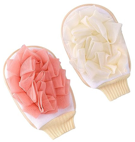 2 guanti da bagno esfolianti, spugna da bagno, per la pulizia profonda della pelle, per uomini e donne (bianco latte, rosa)