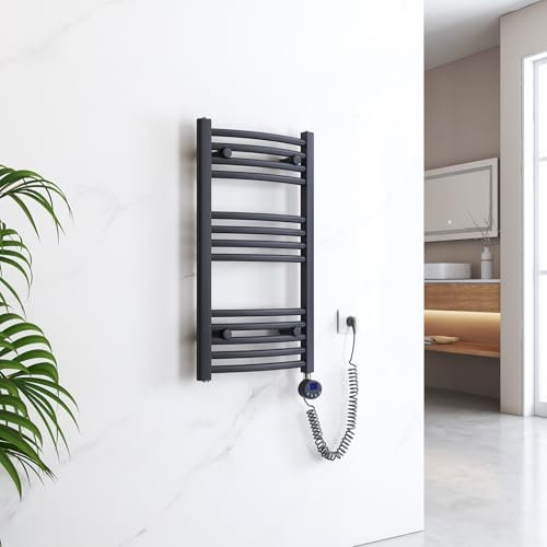 EMKE Badheizkörper Elektrisch 750x400 mm - Gebogen Handtuchheizkörper Elektrisch, Elektrischer Handtuchwärmer Handtuchtrockner Handtuch Heizkörper Bad mit Thermostat und Heizstab - 250W, Anthrazit