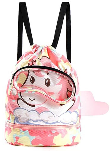 bainuote Schwimmtasche Kinder Turnbeutel Mädchen Jungen Wasserdicht Schwimmrucksack Trainingstasche Wochenend Sporttasche Strandrucksack mit Kordelzug, mit Nassfach und Trockener