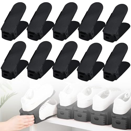 XINZI Einstellbare Schuhregale 20 Stück PP-Material Schuhorganizer rutschfest Schuhschlitze Set Schuhhalter Doppelschicht Schuhstapler Schuh-Organizer Platzsparend Schuhablage, Schwarz