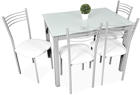 amuéblate Online - Pack Mesa de Cristal de Cocina o Comedor + 4 Sillas Color Blanco a Juego, Modelo Orion, Prácticas y Funcionales. Medidas: 100-170 cm (Largo) x 70 cm (Ancho) x 74 cm (Alto)