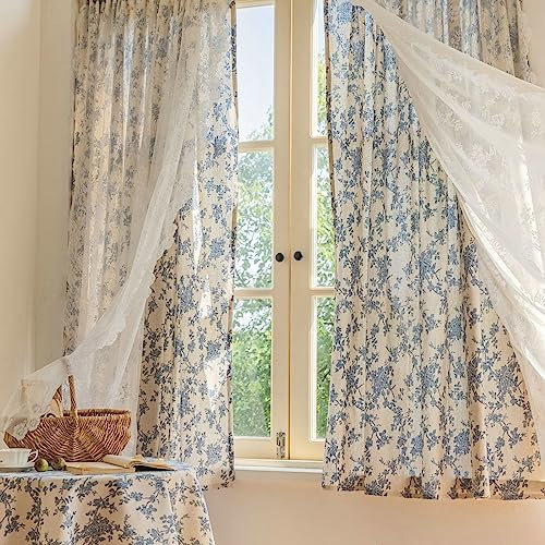 Epinki Vorhänge Polyester Ösen 140x260cm(BxH), Blau Rose mit Zwei Schichten Fensterbildschirm Beige Verdunkelungsvorhang Extra Breit aus Baumwolle Leinen für Deko Wohnzimmer Schlafzimmer