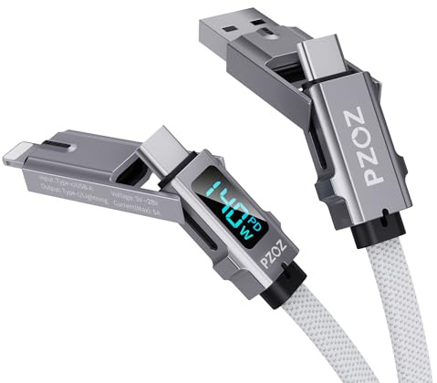 PZOZ 4-in-1 LED-Display Schnellladekabel 140W, 1.5M | Lightning/USB C/A Multi Ladekabel, für iPhone17/16/15/14/13, Galaxy S25/S24, MacBook, iPad Pro, Switch