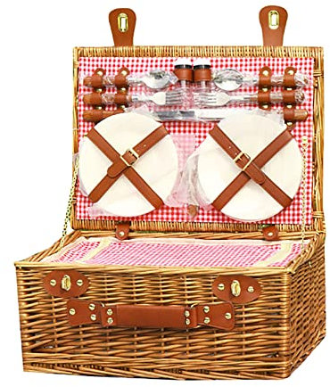 HAVVMK Picknickkorb-Set aus Weide für 4 Personen/2 Personen mit großem Kühlfach, Picknickkorbdecke aus natürlichem Korbgeflecht, Picknickzubehör, Outdoor-Geschirr und Picknickgeschirr