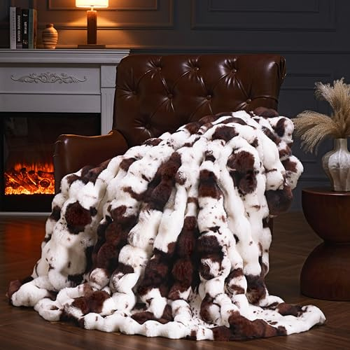 PLUUSHUU Faux Fur Throw Blanket for Couch, Fluffy Fuzzy Plush Bubble Blanket, Soft Warm Cozy Shaggy Rabbit Blanket, Luxury Decorative Gifts for Sofa Bedroom Living Room, 60x50inch (Cow Print-Brown)
