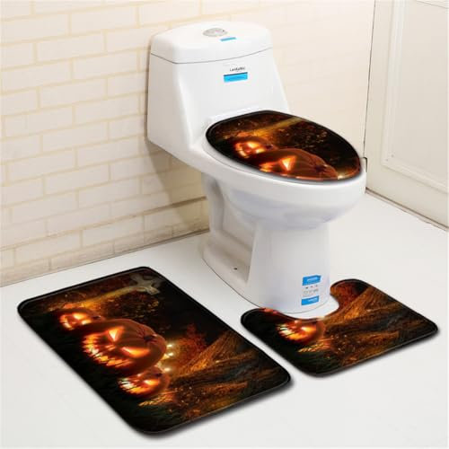 Bad Teppiche Set 3-Teiliges Orange Kürbis WC Vorleger Mit Ausschnitt Badematte Saugfähig WC Deckelbezug Badvorleger rutschfest Waschbar Toilettensitzbezug Badgarnitur (45x75cm)