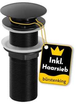 Bürstenking Ablaufgarnitur Waschbecken – Ablaufventil mit Haarsieb – für Waschbecken & Waschtisch – 1 1/4 Anschlussgewinde – Push-Open Funktion – ohne Überlauf – 12 cm – ø 66 mm – matt Schwarz