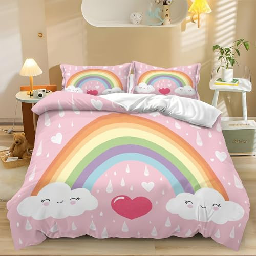 Fibra Superfine Copripiumini Stile Cartoon Arcobaleno Cuore Nuvole Prevenire L'Allergia Con Cerniera Morbido E Confortevole Copripiumino 220x230cm Stampa 3D Set Copripiumino Con Due Federa 50x75cm
