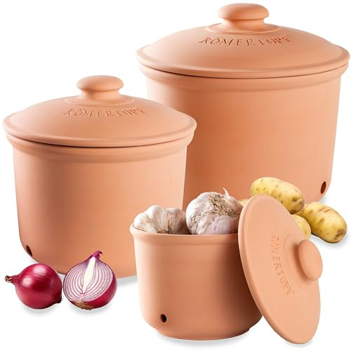 Romertopf Freshness Storage Potato Onion Garlic Clay Pot Set of 3 with Lids - Terracotta