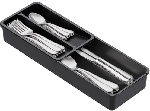Lifewit Abnehmbarer Besteckkasten, 42 x 14,5 x 6 cm Besteckkasten für Schubladen, 4 Fächer Besteckkorb Besteckhalter Besteckschublade, Besteck Organizer Schublade für Löffel/Gabeln/Messer, Schwarz