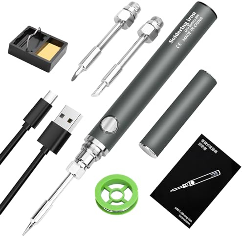 Cordless Soldering Iron Kit, USB Battery Soldering Iron with 3 Temperature Adjustable 330℃-450℃, 3 Soldering Tips, Mini Stand, Soldering Wire, Professional Safe Complete Solder Iron - Gray