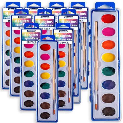 Kinmsito 10 Stück Wasserfarben Aquarellfarben Set,8 Farben Wasserfarbkasten,Wasserfarben kinder,Deckfarbkasten mit Pinsel,Wasserfarbkasten für Künstler, Anfänger, Schule,Malen Partygeschenke