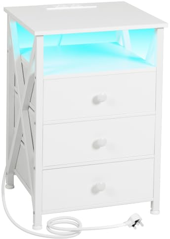 AMHANCIBLE Bedside Table with Charging Station, Side Table with Led Lights, Bedside Cabinet with 3 Fabric Storage Drawers, End Table, Sofa Side Table, Nightstand for Living Room, White HET053LWT-1
