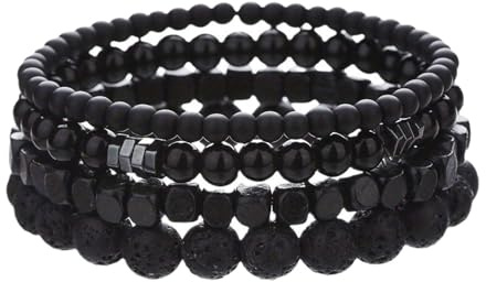 TREABEAR 4PCS Mens Beaded Bracelet, Armband Herren Schwarz, Perlenarmband, Bracelet Schwarzer Turmalin,Lavastein Armband, Schmuck Herren Armband Set für Täglichen Tragen Und Verschenken