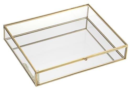 Hipiwe Golden Jewelry Storage Box Home Decorative Box with Mirror Base Glass Photo Organizer for Ring Earring Keepsake Makeup, 10.4 x 8.4 x 2 Inch