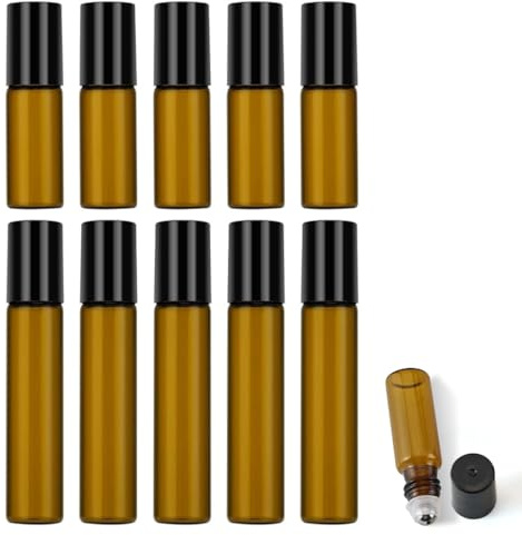 CATOR Lot de 10 bouteilles en verre roll-on vides de 3/5 ml pour huile essentielle, avec rouleau en acier inoxydable, entonnoir, ouvre-bouteille, étiquettes, pipettes pour huiles essentielles
