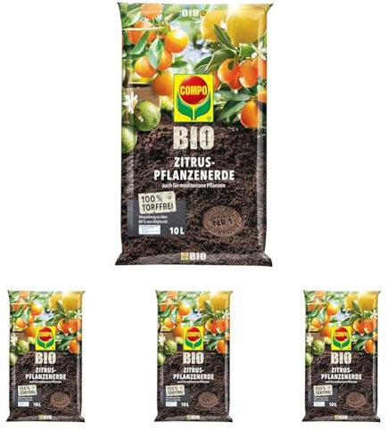 COMPO Bio Zitruspflanzenerde, Erde auch für mediterrane Pflanzen geeignet, Torffrei, 10 Liter, Unzutreffend (Packung mit 4)