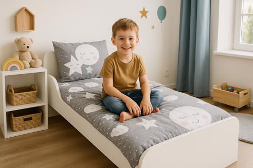 leomark Modern Cama Infantil 160x80 con Colchón y Barreras Laterales – Diseño Seguro y Bajo – Ideal para Niños Desde 1 Año – MDF, Color: Blanco