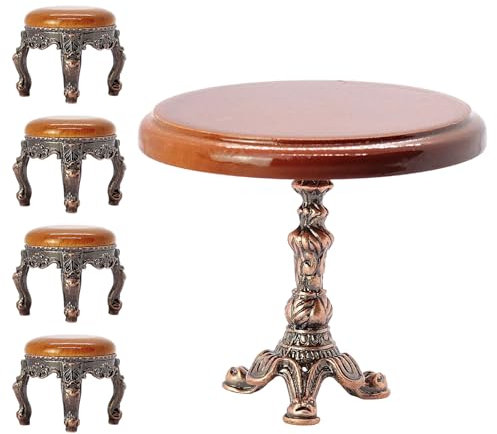 Vintage-Puppenhäuser-Möbel-Set, runder Tisch mit 4 passenden Stühlen, Maßstab 1:12, Esstisch-Set, Legierungsholz, Couchtisch für Puppenhäuser