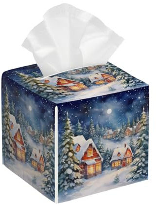 Mexpekil Taschentuchbox-Abdeckungen, Weihnachten, Winter, Hausbaum, Leder, quadratischer Organizer, Raumdekoration für Badezimmer, Küche, Büro, Nachttische