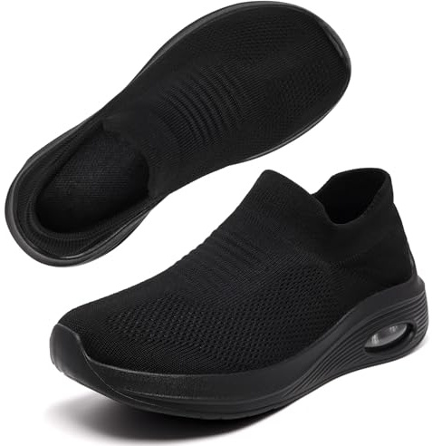 Wide Fit Womens Slip On Shoes Arch Support Ladies Trainers | Plantar Fasciitis Orthopedic Air Cushion Non Slip Sole Breathable Mesh All-Day Comfort