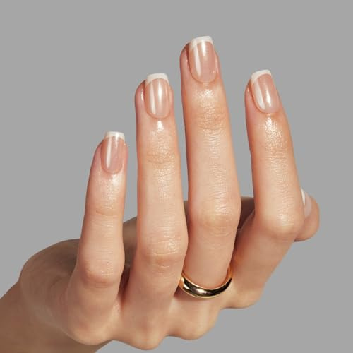 LAMIMOSA Press On Nails French Kurz Quadratisch 32er Set – Chrome French Nails Square, Nägel zum Aufkleben mit Kleber & Klebesticker, Soft Gel Fake Nails in 16 Größen, DEJA VU