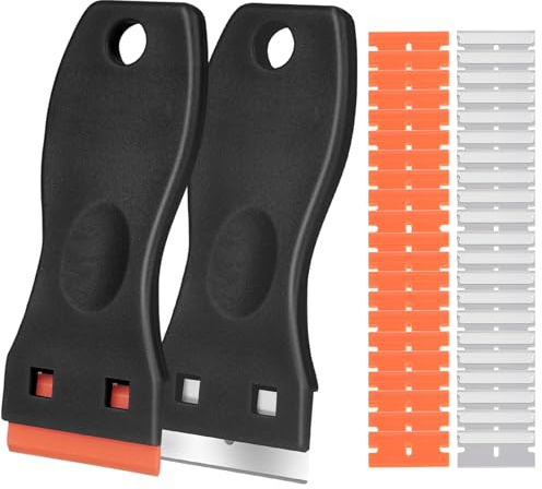 Flintronic 2 st plastskrapor med 120 st plast- och metallblad, fönsterskrapor keramiskt glasskrapverktyg, reptfritt rengöringsverktyg för etiketter, klistermärken, fogmassa, glasfärg (svart)