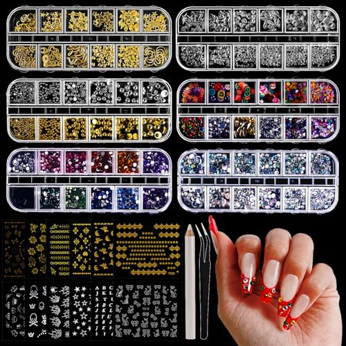 JODSONE strass ongle nail art, Kit de Strass pour Nail Art avec 6 Boîtes de Strass, 12 Autocollants pour Ongles en 2 Coloris, Perles de Formes Variées, Cristaux et Outils dédiés au Nail Art