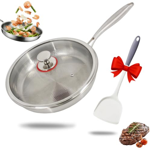ANEELV Poêle à frire en titane non revêtue, martelée – effet antiadhésif naturel, avec couvercle en verre et spatule, adaptée aux plaques à induction et au feu ouvert, idéale pour la cuisine et le