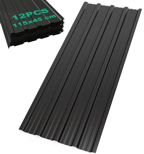 SROCHN 12PCS Metal Roofing Sheets 115x45CM, Black Pattern Galvanized Steel 0.25mm Corrugated Roof for Carports Tool Sheds Greenhouse Wall Cladding