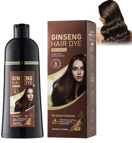 Ginseng hårfärgningsschampo 450 ml, naturligt hårfärgningsmedel med ginsengextrakt, milt för hårbotten, färgintensiv och närande, lätt att använda (brun)
