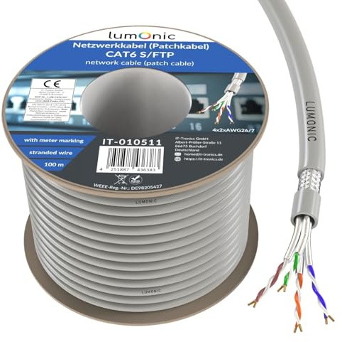 Lumonic LAN Cable de red 100m | LAN Cable CAT6 S/FTP | Cable de conexión 4x 2x AWG26/7 (varado) | 250MHz 10 Gbit/s Ethernet