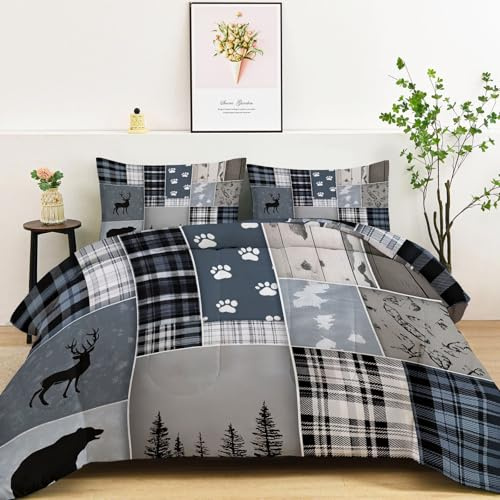 Bettdecke 4-Jahreszeiten Steppdecke in 135x200 cm mit Modernes Patchwork Tiere Karomuster, Warme und Weiche Schlafdecke ohne Bezug mit 2 Kissenbezügen, Blau Grau