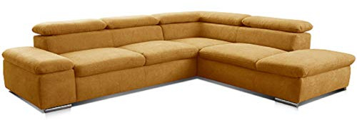 Cavadore Ecksofa Alkatraz / Modernes L-Form Schlafsofa mit Bett, Ottomane und verstellbaren Kopfteilen / Maße: 272 x 73 x 226 / Webstoff, Gelb